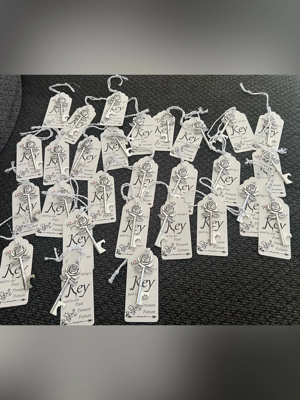 28 Silver Rose Key Bottle Opener Favors with tags Assembled